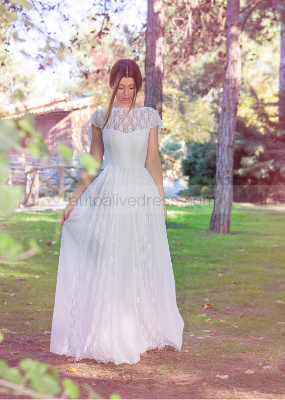 Cap Sleeves Ivory Lace Chiffon Vintage Outdoor Wedding Dress Cap Sleeves Ivory Lace Chiffon Vintage Outdoor Wedding Dress